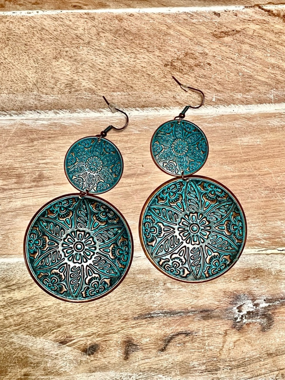 Turquoise Copper Patina Filigree Double Disc Drop Earrings XL